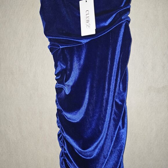 Blue Velvet Bandeau Maxi Dress One Shoulder Size Small Ruch Red Carpet Glam - Picture 4 of 14